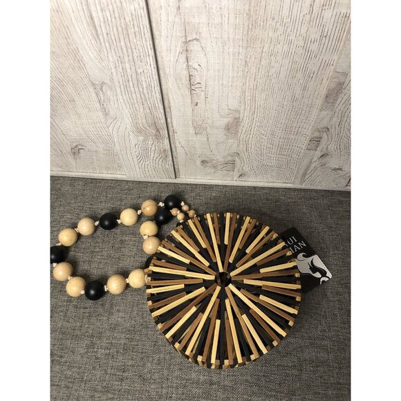 Women’s Round Brown Bamboo Wooden Beaded Shoulder Handbag Purse - Picture 3 of 6